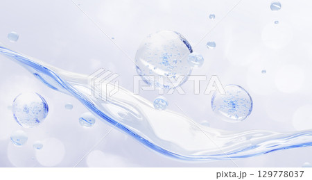 Aqua moisture gel cream texture 3d render bg. Water wave and blue liquid drops with bubbles. Hyaluronic acid, panthenol for skin care. Hydrating oil with niacinamide, peptides vitamin. 3D illustration Aqua moisture gel cream texture 3d render bg. Water wave and blue liquid drops with bubbles. Hyaluronic acid, panthenol for skin care. Hydrating oil with niacinamide, peptides vitamin. 3D illustration 129778037