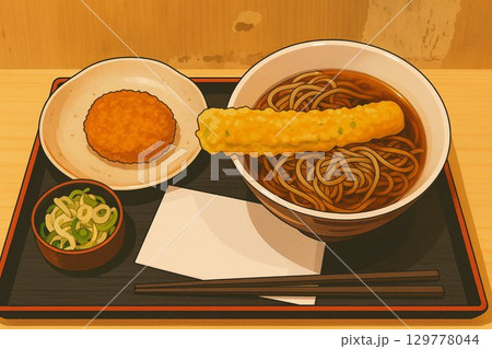 ちくわ天そばとコロッケの定食イラスト / Chikuwa Tempura Soba and Croq 129778044