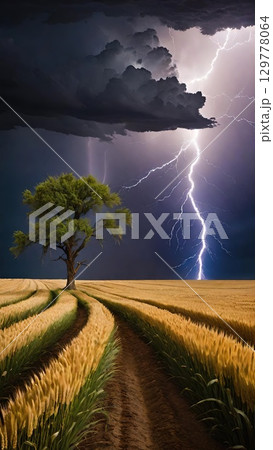 Stormy Wheat Field. A dramatic lightning storm over a lone tree in a golden field. 129778064