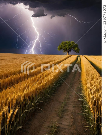 Stormy Wheat Field. A dramatic lightning storm over a lone tree in a golden field. 129778072