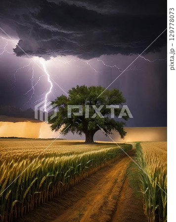 Stormy Wheat Field. A dramatic lightning storm over a lone tree in a golden field. 129778073