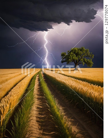 Stormy Wheat Field. A dramatic lightning storm over a lone tree in a golden field. 129778074