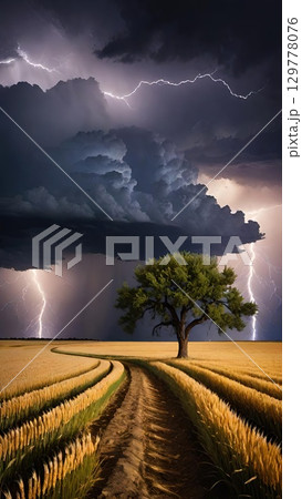 Stormy Wheat Field. A dramatic lightning storm over a lone tree in a golden field. 129778076
