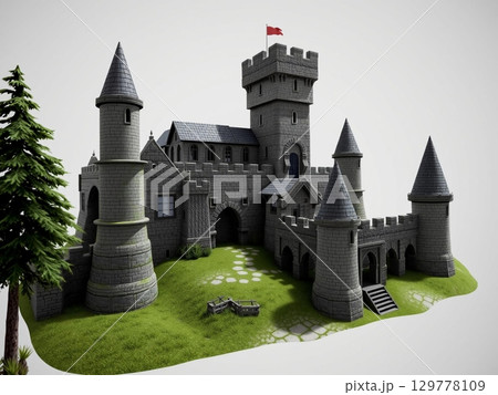 Medieval Castle Illustration with Towers and Green Surroundings 129778109