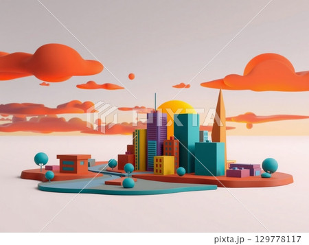 Stylized Cityscape with Abstract Clouds and Geometric Buildings 129778117
