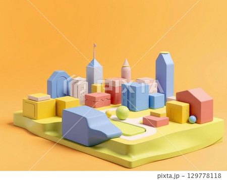 Playful Cityscape: Abstract 3D Render with Pastel Building Blocks 129778118