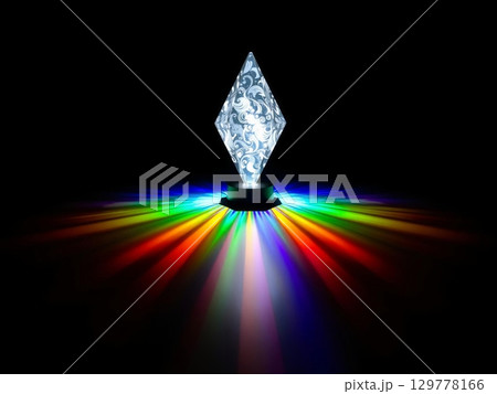 Glowing Crystal Prism Radiates Rainbow Light in Darkness 129778166