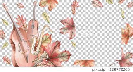 Rectangular frame with musical instruments on the background of falling autumn leaves. Isolated watercolor illustration in a realistic style for designing invitations, labels, cards and posters. Rectangular frame with musical instruments on the background of falling autumn leaves. Isolated watercolor illustration in a realistic style for designing invitations, labels, cards and posters. 129778269