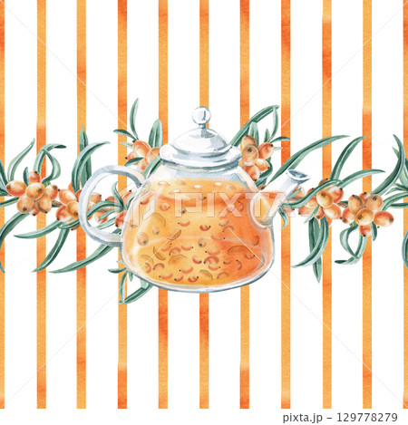 Seamless pattern with a teapot of sea buckthorn tea and sea buckthorn branches on a striped background. Watercolor illustration for packaging design,printing on fabric and kitchen textiles, tableware. 129778279