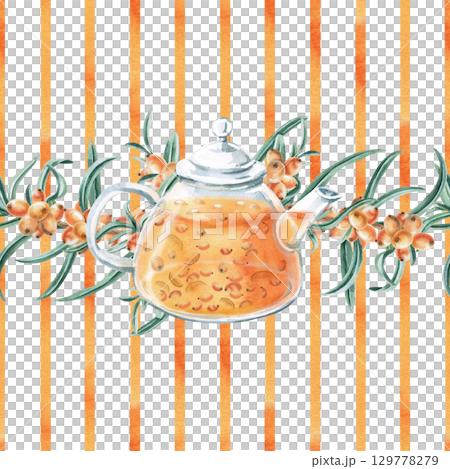Seamless pattern with a teapot of sea buckthorn tea and sea buckthorn branches on a striped background. Watercolor illustration for packaging design,printing on fabric and kitchen textiles, tableware. Seamless pattern with a teapot of sea buckthorn tea and sea buckthorn branches on a striped background. Watercolor illustration for packaging design,printing on fabric and kitchen textiles, tableware. 129778279