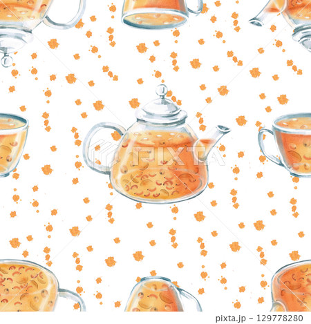 Seamless pattern with teapot and cup of sea buckthorn tea on splash background. Watercolor illustration for packaging design, printing on fabric and kitchen textiles, tableware. 129778280