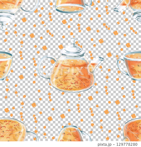 Seamless pattern with teapot and cup of sea buckthorn tea on splash background. Watercolor illustration for packaging design, printing on fabric and kitchen textiles, tableware. Seamless pattern with teapot and cup of sea buckthorn tea on splash background. Watercolor illustration for packaging design, printing on fabric and kitchen textiles, tableware. 129778280