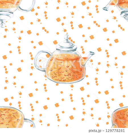 Seamless pattern with a teapot of sea buckthorn tea on a splash background. Watercolor illustration for packaging design, printing on fabric and kitchen textiles, tableware. Seamless pattern with a teapot of sea buckthorn tea on a splash background. Watercolor illustration for packaging design, printing on fabric and kitchen textiles, tableware. 129778281