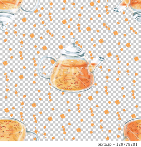 Seamless pattern with a teapot of sea buckthorn tea on a splash background. Watercolor illustration for packaging design, printing on fabric and kitchen textiles, tableware. Seamless pattern with a teapot of sea buckthorn tea on a splash background. Watercolor illustration for packaging design, printing on fabric and kitchen textiles, tableware. 129778281