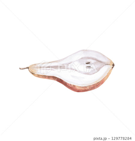Half of a pear side view. Isolated watercolor illustration of a part of the fruit for design of packages of juices, purees, baby food, jam, compotes, printing on posters and clothes. 129778284