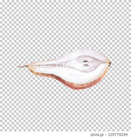 Half of a pear side view. Isolated watercolor illustration of a part of the fruit for design of packages of juices, purees, baby food, jam, compotes, printing on posters and clothes. 129778284