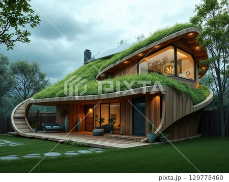 Sustainable Modern Eco-House with Lush Green Roof 129778460