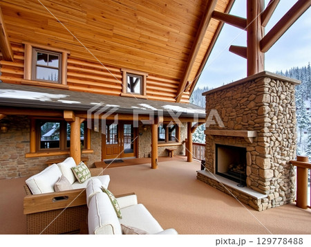 Rustic Log Cabin Porch with Stone Fireplace and Winter View 129778488