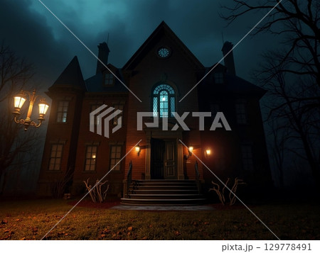 Haunted Victorian Mansion at Night, Eerie and Mysterious 129778491