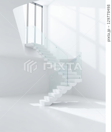 Minimalist Interior with White Spiral Staircase and Natural Light 129778498