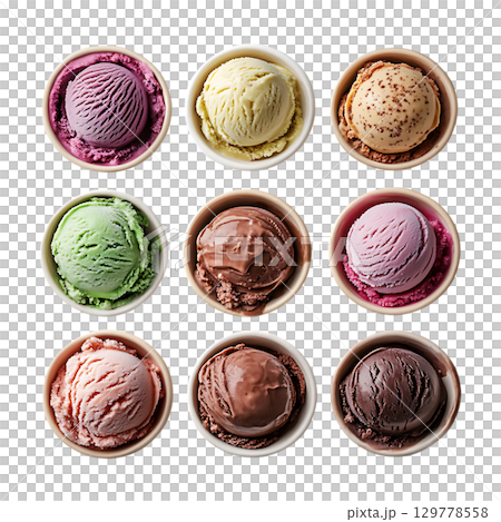 Nine Delicious Ice Cream Flavors A Colorful Collection On Transparent Background 129778558