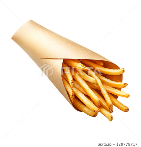 Crispy French Fries in Paper Cone Restaurant Food Photography On Transparent Background 129778717