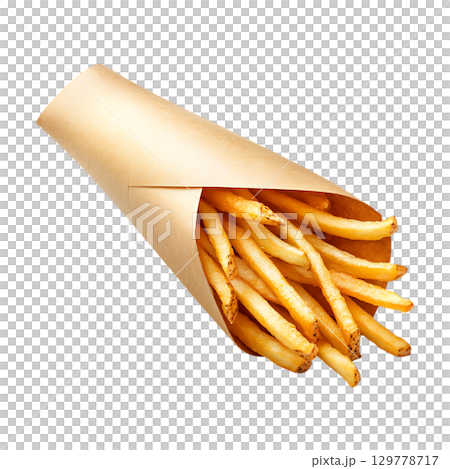 Crispy French Fries in Paper Cone Restaurant Food Photography On Transparent Background 129778717
