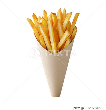 Crispy French Fries in a Paper Cone Delicious Fast Food Photography On Transparent Background 129778718
