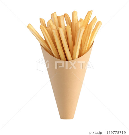Crispy French Fries A Perfect Snack in a Paper Cone On Transparent Background 129778719