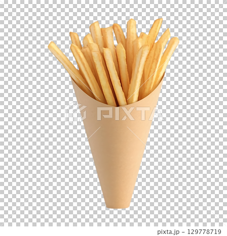 Crispy French Fries A Perfect Snack in a Paper Cone On Transparent Background 129778719