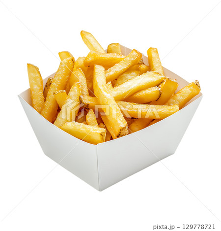Crispy Golden French Fries in a White Paper Boat A CloseUp View On Transparent Background 129778721