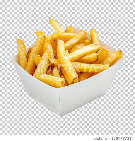 Crispy Golden French Fries in a White Paper Boat A CloseUp View On Transparent Background 129778721