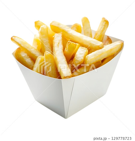 Crispy Golden French Fries in a Paper Boat Delicious Fast Food On Transparent Background 129778723