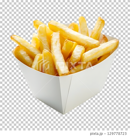 Crispy Golden French Fries in a Paper Boat Delicious Fast Food On Transparent Background 129778723