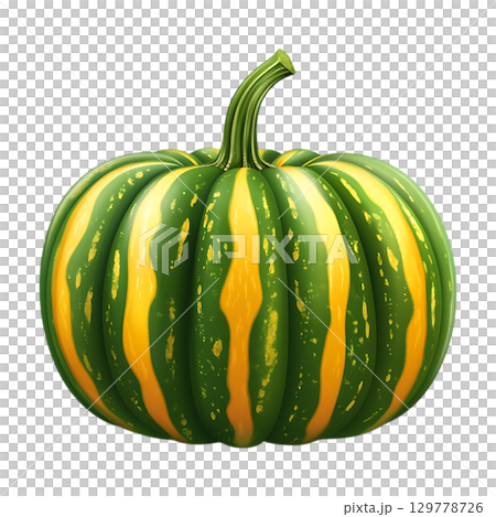 Striped Green and Yellow Pumpkin Autumn Harvest Vegetable Thanksgiving Decoration Fall Produce On Transparent Background 129778726