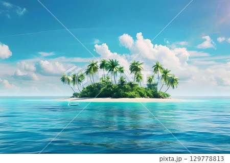 Tropical island paradise with lush palm trees surrounded by crystal-clear turquoise waters and a serene sky filled with fluffy clouds, evoking a sense of tranquility and escape 129778813