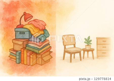断捨離イラスト 山積みの荷物と片付け前の部屋 水彩風イメージ 129778814