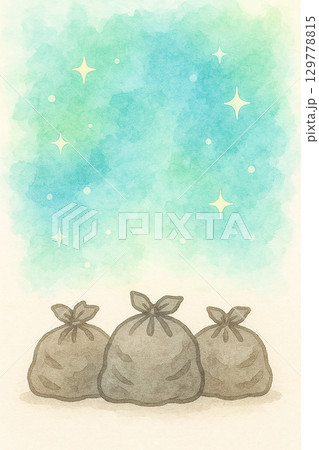 断捨離イラスト ゴミ袋と広がる光の背景 解放感を表現した水彩風 129778815