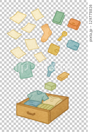 Illustration of decluttering: Clothes and documents overflowing from drawers. Simple material showing organization and tidying up. 129778816