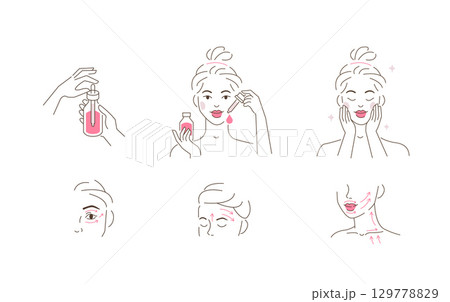 Woman Making Facial Massage by Lines. Skin Care Routine,Beauty Girl Take Care of her Face and Applying Cosmetic Serum Oil 129778829