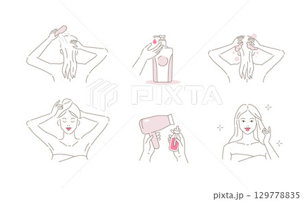 Beauty girl take care of her hair. Instruction how to wash hair with shampoo and wipe with towel and blow dry using hair serum 129778835