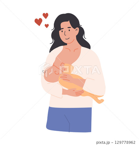 Happy mother breastfeeding newborn baby. Postpartum wellness, bonding, and newborn care concept. Flat Style Vector Illustration for maternal health support and postnatal education. 129778962