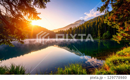 朝日に照らされる静かな山と湖の風景 129778980