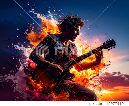 夕焼けに染まるエレキギター 129779194