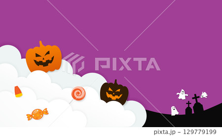 Characters of orange pumpkins, white ghost and colorful candy element on clouds with copy space purple background for your halloween day text, Vector Characters of orange pumpkins, white ghost and colorful candy element on clouds with copy space purple background for your halloween day text, Vector 129779199