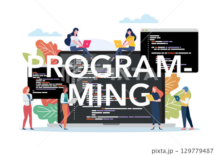 People with coding on laptop screen. 129779487