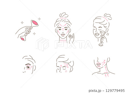Beauty Girl Take Care of her Face and Use Facial Roller. Adorable Woman Making Skincare Procedures. Skin Care Facial Massage and Relaxation Concept Beauty Girl Take Care of her Face and Use Facial Roller. Adorable Woman Making Skincare Procedures. Skin Care Facial Massage and Relaxation Concept 129779495