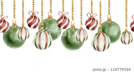 Christmas tree decor watercolor seamless border with striped,green and red round balls on golden chain illustration.Hand drawn New year traditional banner for wallpaper, decor,stationery,poster design 129779584
