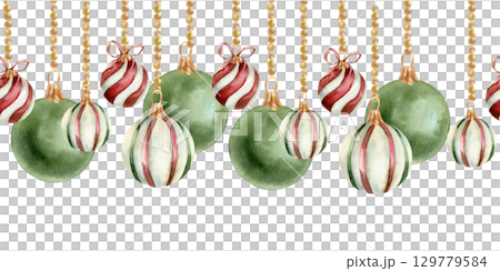 Christmas tree decor watercolor seamless border with striped,green and red round balls on golden chain illustration.Hand drawn New year traditional banner for wallpaper, decor,stationery,poster design 129779584