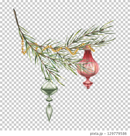 Christmas evergreen spruce branch decorated with red and green glass toys and golden garland watercolor illustration.Hand drawn New year festive floral clipart for card,poster,packing design 129779586